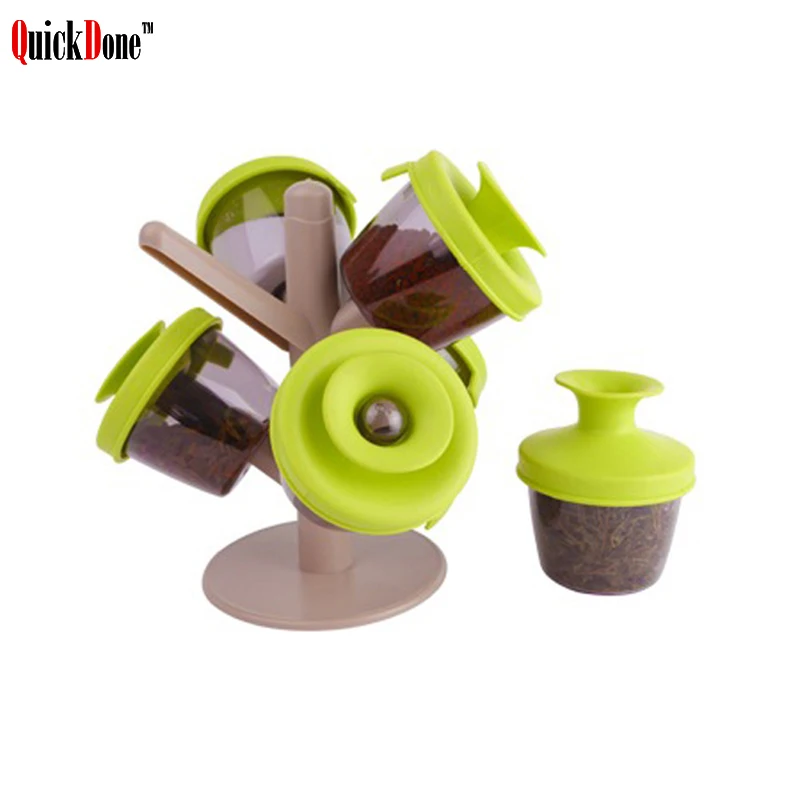 

QuickDone 6Pcs Spice Pepper Shaker Bottle Storage Rack Organizer Tree Shape Seasoning Tanks Jar Holder Kitchen Accessory AKC6189