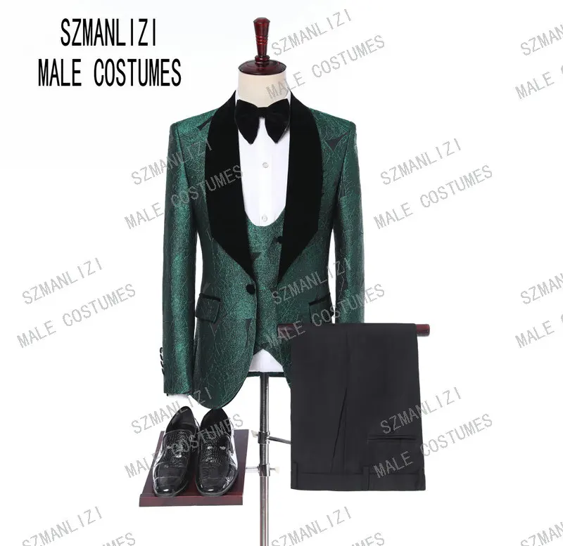 

Drop Shipping 2019 Black Velvet Shawl Lapel Fashion Green Leaves Groom Suits Wedding Prom Slim Fit Suit For Mens Tuxedos Costume