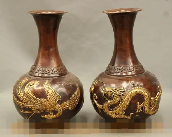 

S06561 11" Marked Chinese Bronze Gilt Auspicious Dragon Phoenix Statue Vases Pot Pair