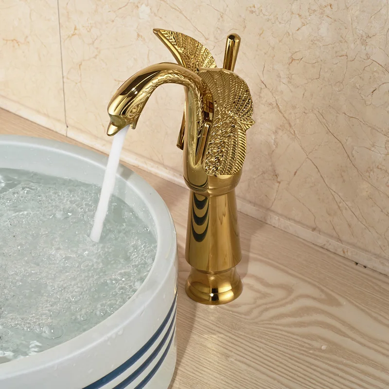 Golden Swan Shape Basin Tap Dual Handle Deck Mount Bathroom Faucet Solid Copper Golden Finish