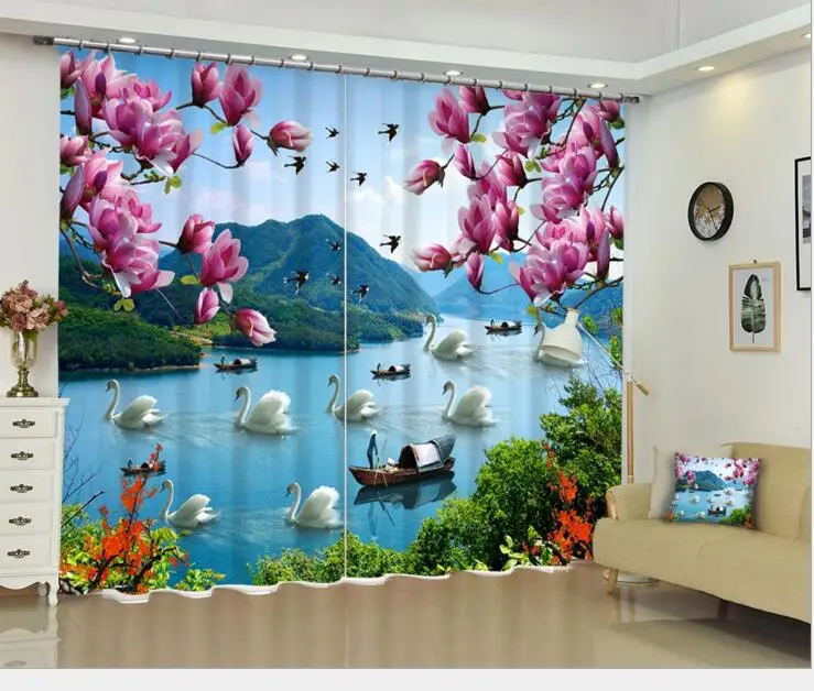

3D Window Swan Lake print Luxury Blackout Curtain For Living Room Bedroom Customized size Drapes Cortinas Rideaux Cushion cover