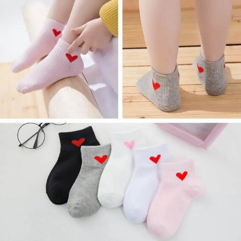 5 пар/лот, хлопковые носки для малышей милые детские носки с объемными ушками животных и красными сердечками Летние повседневные короткие носки для маленьких мальчиков и девочек