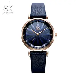 2019 Shengke красивые женские часы Вечерние кожаные Наручные часы Простой стиль женские кварцевые часы синий ремешок часы Bayan Kol Saati