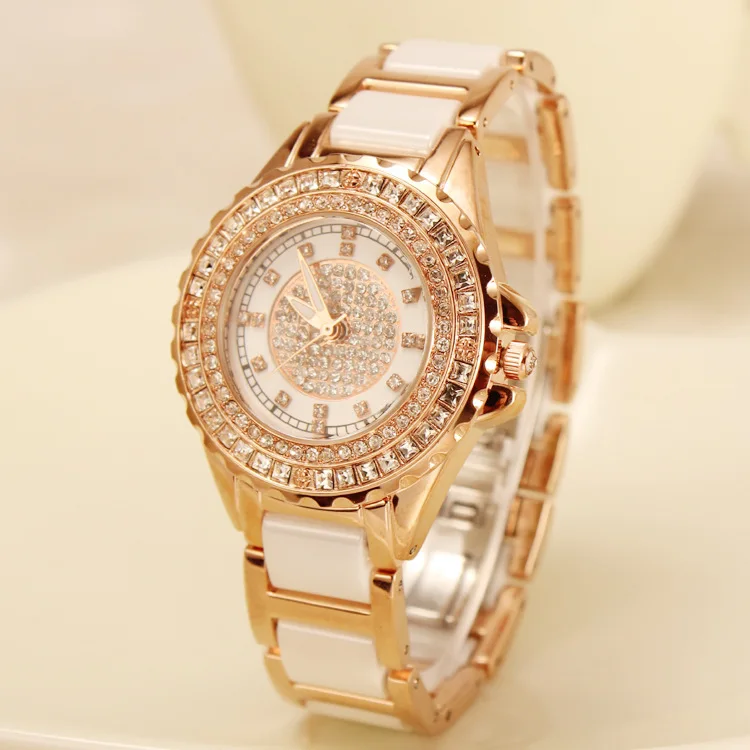 Hot Sale Top Quality Women Watches Luxury Steel Full Rhinestone Wristwatch Lady Crystal Dress Watches Gold