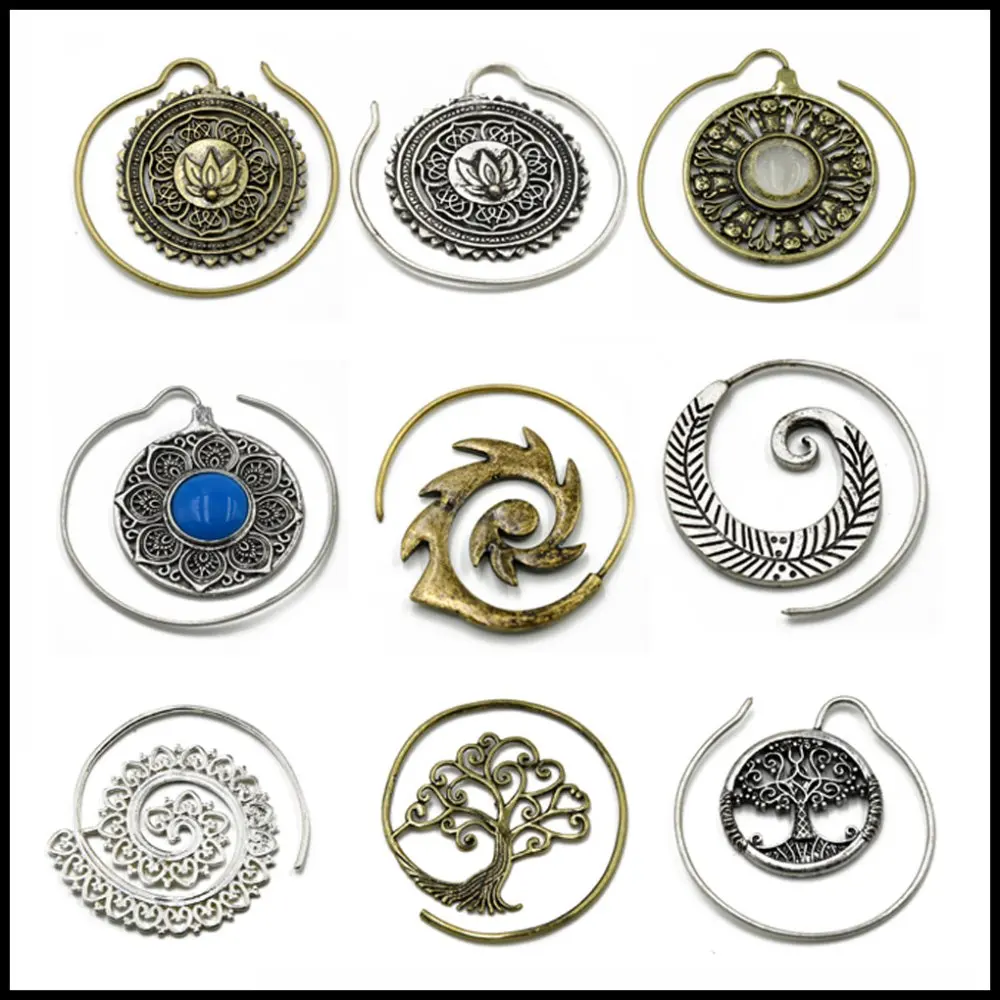 Модные латунные спиральный обруч Цыганский родовой серьги в индийском стиле серьги-кольца Вес Очаровательное украшение болтающееся ухо пирсинг смешанные стили