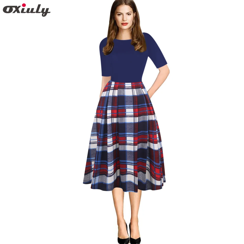

Oxiuly Fall 2018 Vintage Women Dress Plaid Patchwork O-Neck Women Casual Office Dress Half Sleeve A-Line Swing Autumn Dress