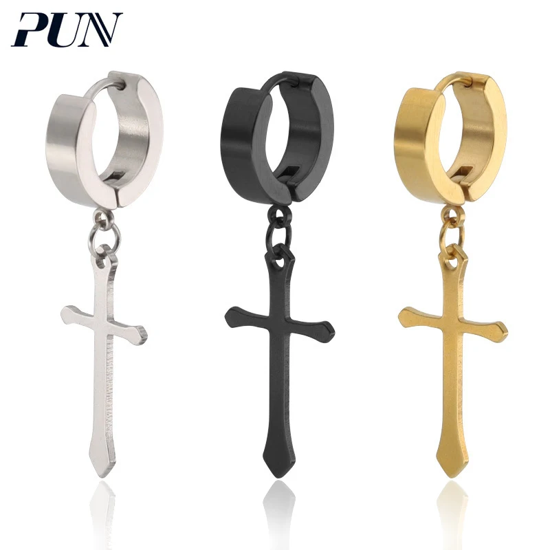 

PUN crosses drop earrings 2018 men fashion korean hanging male brincos pendants accessories silver black gold earring women