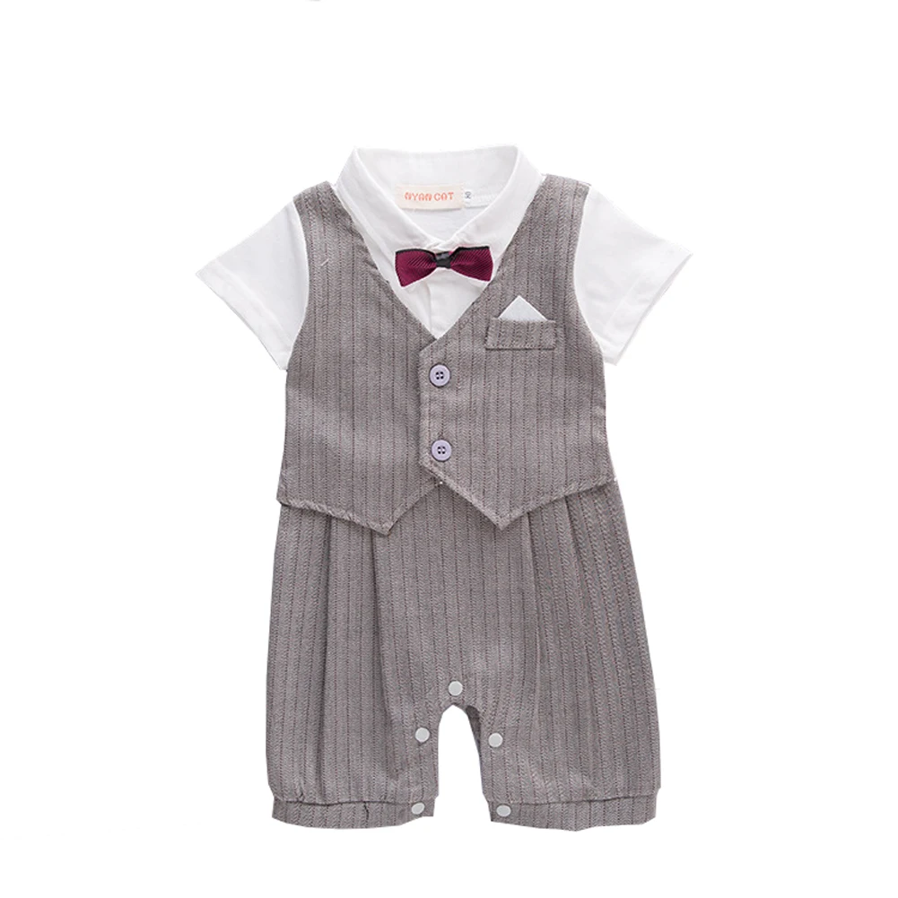

Baby Boys Gentleman Romper Outfits Striped Formal Party Short Sleeves with Bow Tie