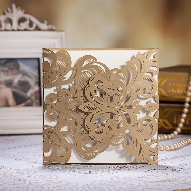 Personalized Elegant lace hollow Wedding Invitation card Laser Cut Tri-fold gold color
