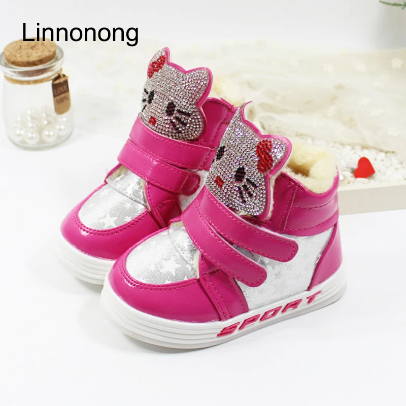 Детские зимние модные ботинки для девочек с плюшевой подкладкой hello kitty со