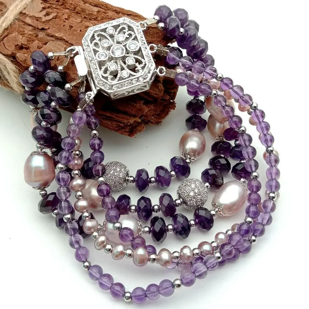 8" 6 Strands Cultured Purple Pearl Ametyst Bracelet