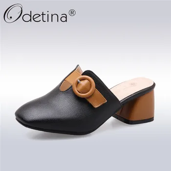 

Odetina 2019 New Fashion Square Toe Mules For Women Buckle Slip On Low Heels Casual Shoes Square Heels Mules Shoes Big Size 46