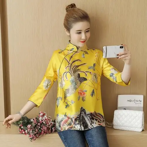 Традиционный китайский женский костюм в стиле Танг, Весенняя блузка с принтом в стиле ретро, рубашки со стоячим воротником, повседневный желтый Чонсам LJ729