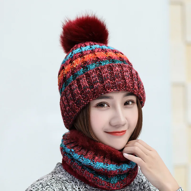 Женская шапка шарф набор женский зимний плюс бархатный теплый вязаный шапочки шарфы женские уличные вязаные повседневные шарф Набор крышек