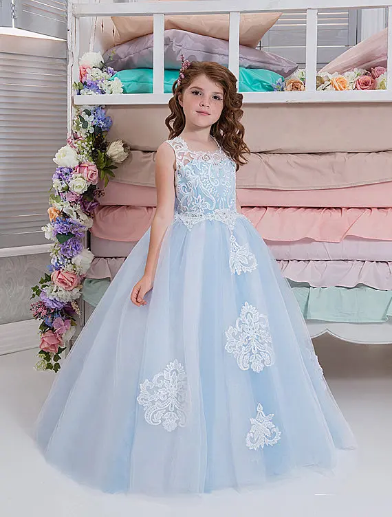 

Newest Custom Made Flower Girls Dress With Appliques Tulle Ball Gowns Girls First Communion Dress Any Size and Any Color Longo