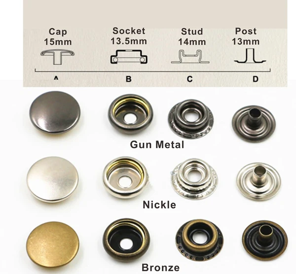 DIY 90sets/lot 15mm four part brass metal button ring snap press button