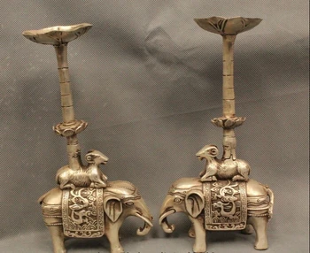 

2pcs Chinese Silver Elephant Sheep Goat Candle Holder Candlestick Statue Pair Set Decoration 100% real Brass Bronze