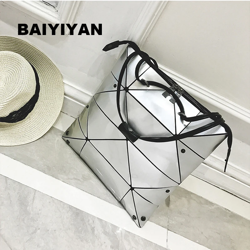 

2018 New Fashion Triangle Stitching Magic Grid Geometric Lady Handbag Folding High Quality PU Shoulder Bag