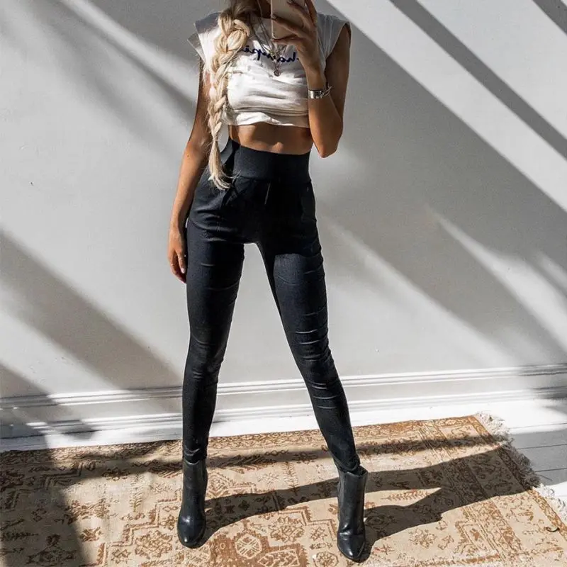 womens black faux leather trousers
