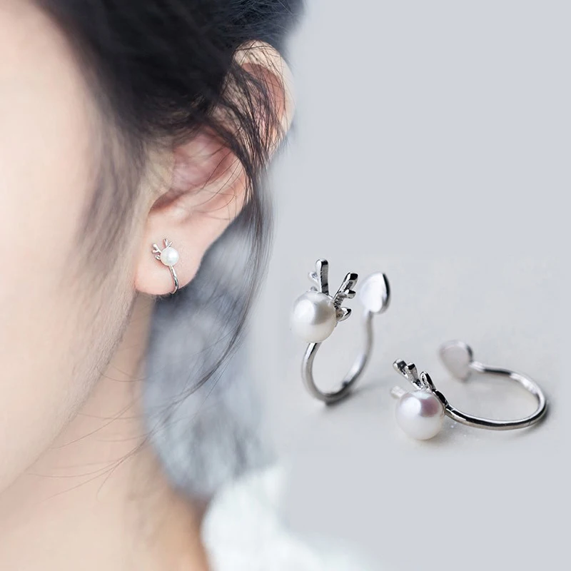 

Hot Simple Imitation Pearl Ear Clip Silver Deer Antlers Pattern Stud Earrings Christmas Gift for Women Girl Jewelry Hypoallergen