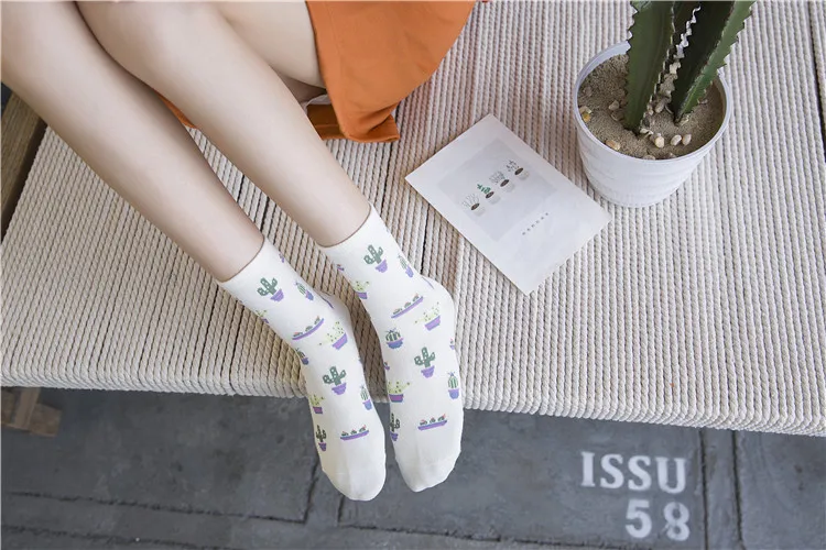 RockBottom/1 пара носков с рисунком растения кактус, удобные милые хлопковые повседневные Мягкие носки, теплые короткие женские носки, meias