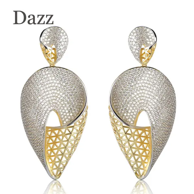 Dazz Luxurious Heart Shape Large Drop Earrings Full Cubic Zircons Dazz Luxurious Heart Shape Large Drop Earrings Full Cubic Zircons Two Tones Colors Copper Women