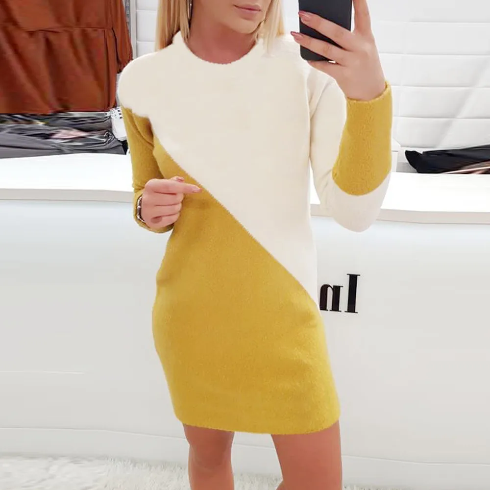Модное летнее пляжное платье Женская столешница повседневная Vestidos пэчворк с круглым вырезом цветной блок свитер вязаный свитер пляжное платье