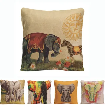 

Art Painting Colorful Elephant Cushion Cover Cute Wild Animal Pillow Case Cotton Linen Wedding Home Sofa Hand Drawing Pillowcase