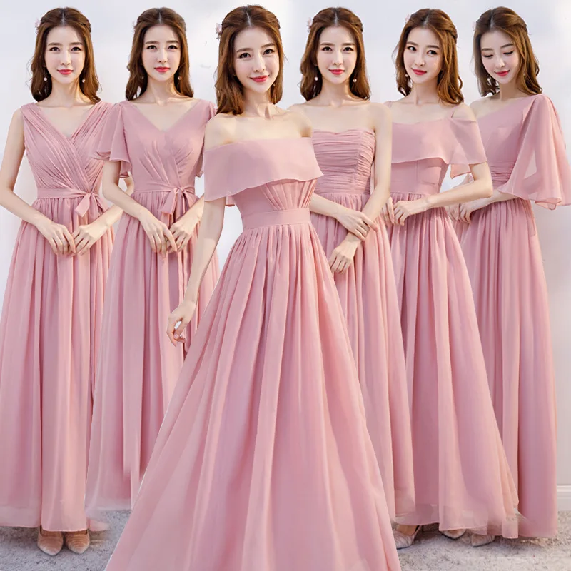 

2019 Long Off The Shoulder Pink Bridesmaid dress For Wedding Chiffon Ruched Ribbons Party Dress Lace Bow Tulle Prom Gowns