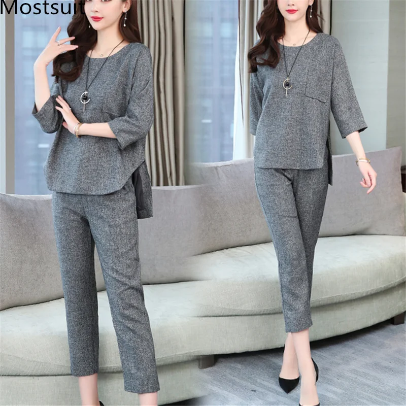 

Spring Summer Two Piece Sets Women Grey Wine Red 3/4 Sleeve Tops And Cropped Pants Suits Casual Office Elegant Women's Sets 2019