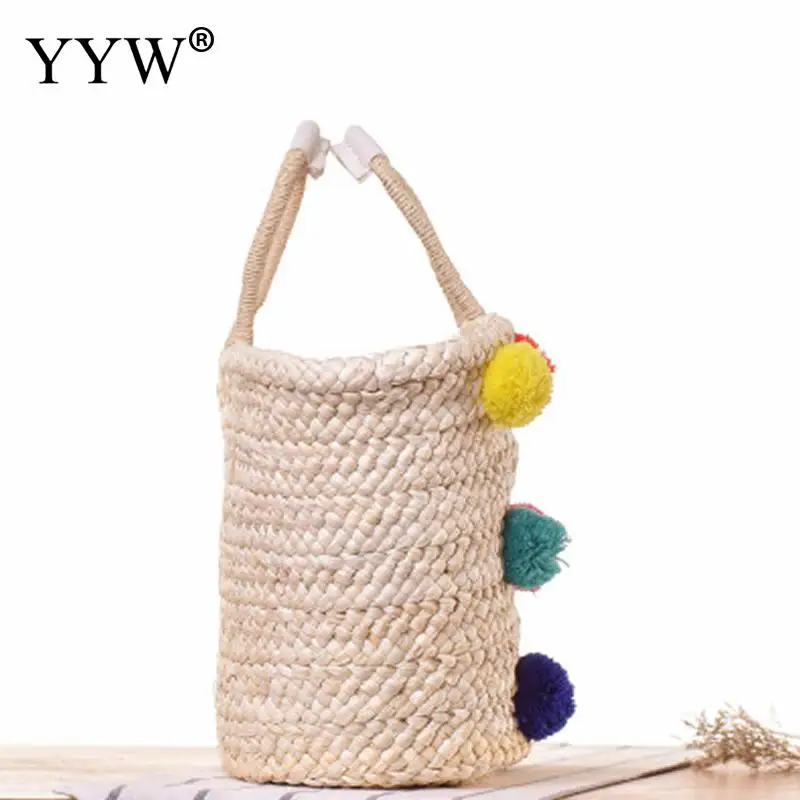 دلو أعلى-حقائب بيد للنساء 2018 الروطان النسيج حقيبة شاطئية مع الفراء الكرة المرأة حقائب البوهيمي الإناث حمل أكياس مصمم