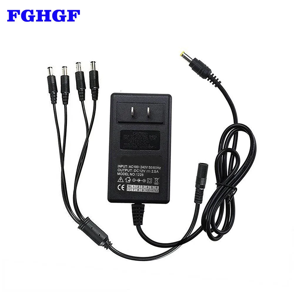 

FGHGF Security Camera Power Adapter EU US AU UK 12V 2.5A 100V-240V AC To DC 2.1x5.5mm w/ 4-Way Power Splitter Cable LED Power