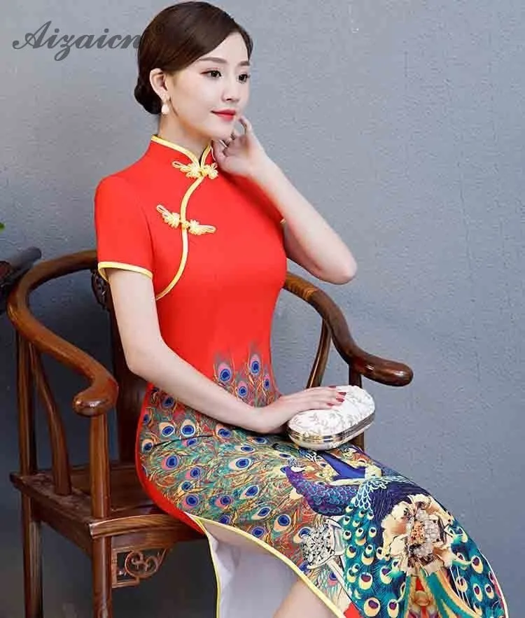 Печать павлином Длинные двойной платья с ярусами Chinoise плюс Размеры Qi Pao Для женщин традиционное китайское платье красное свадебное платье