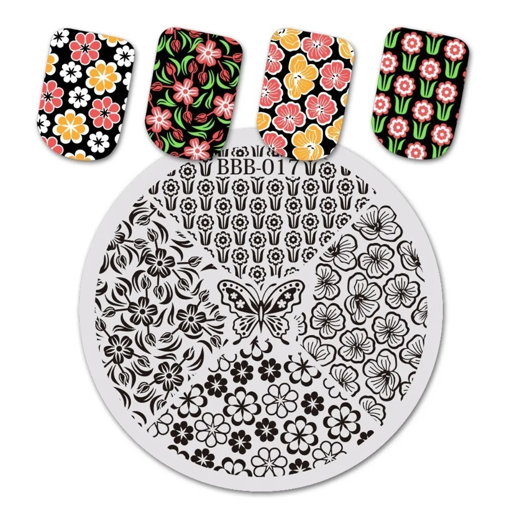BeautyBigBang 5,6 см круглый дизайн ногтей стальная штамповочная пластина Трафарет Шаблон бабочка цветок цветочный Рисунок печатная пластина