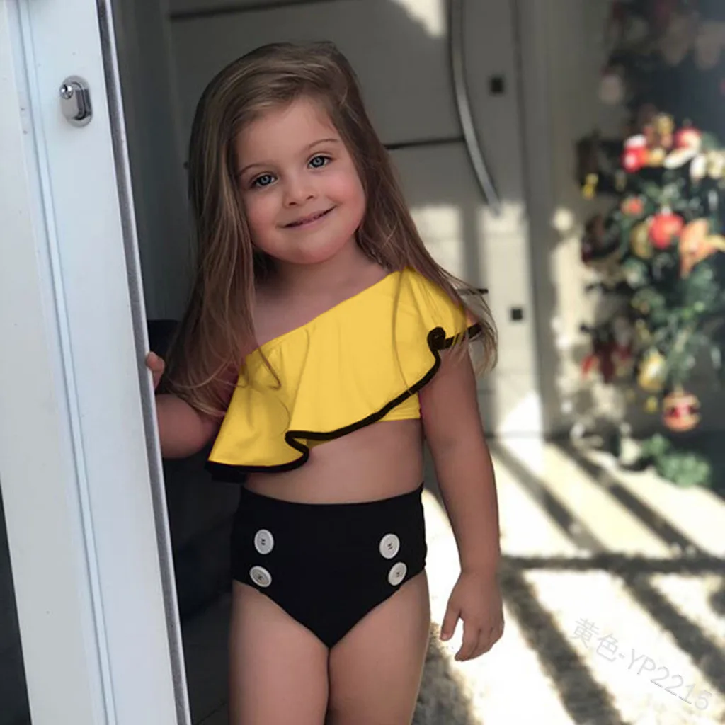 

Summer Kids Baby Girls Solid Print Ruffles Swimwear Swimsuit Bikini Outfits kiz cocuk mayo baby zwemkleding children swimwear