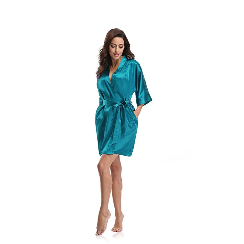 New Peacock blue Chinese Women Sexy Silk Lingerie Mini Robe Dress Kimono Bath Gown Nightwear Mujer Pijama S M L XL XXL D128-010