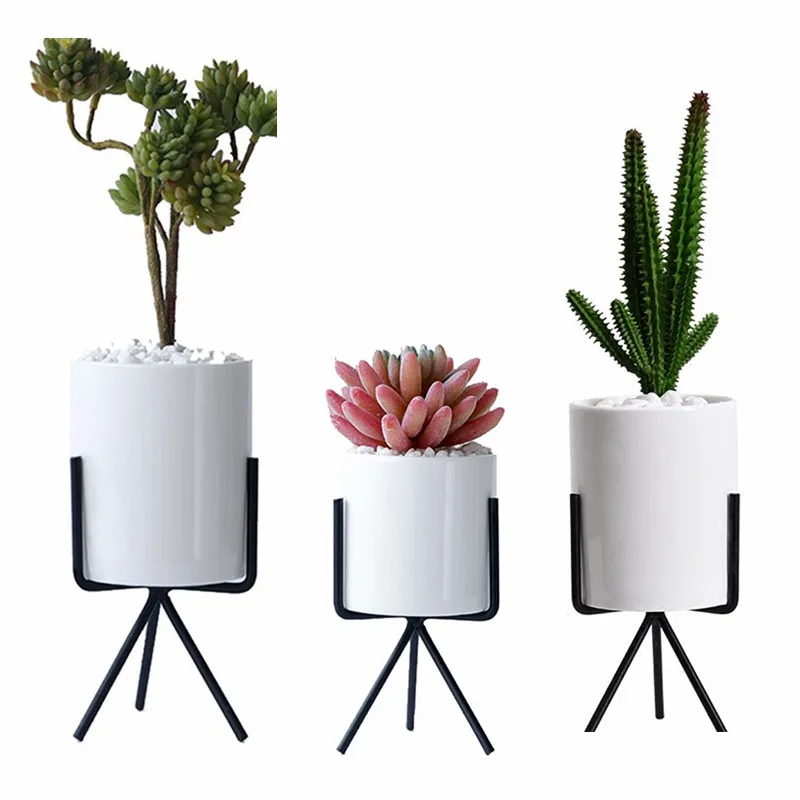 

INS Nordic Ceramic Flower Planters with Iron Shelf Hydroponics/Succulent Plant Pot Home Decorative Flower Vase with/without Hole