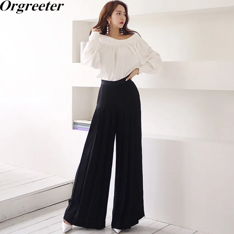 

Temperament OL Women Off shoulder Long Puff sleeve Blouse Shirt and Pleated Wide Leg Pants Office Wear Clothing Set Autumn Set