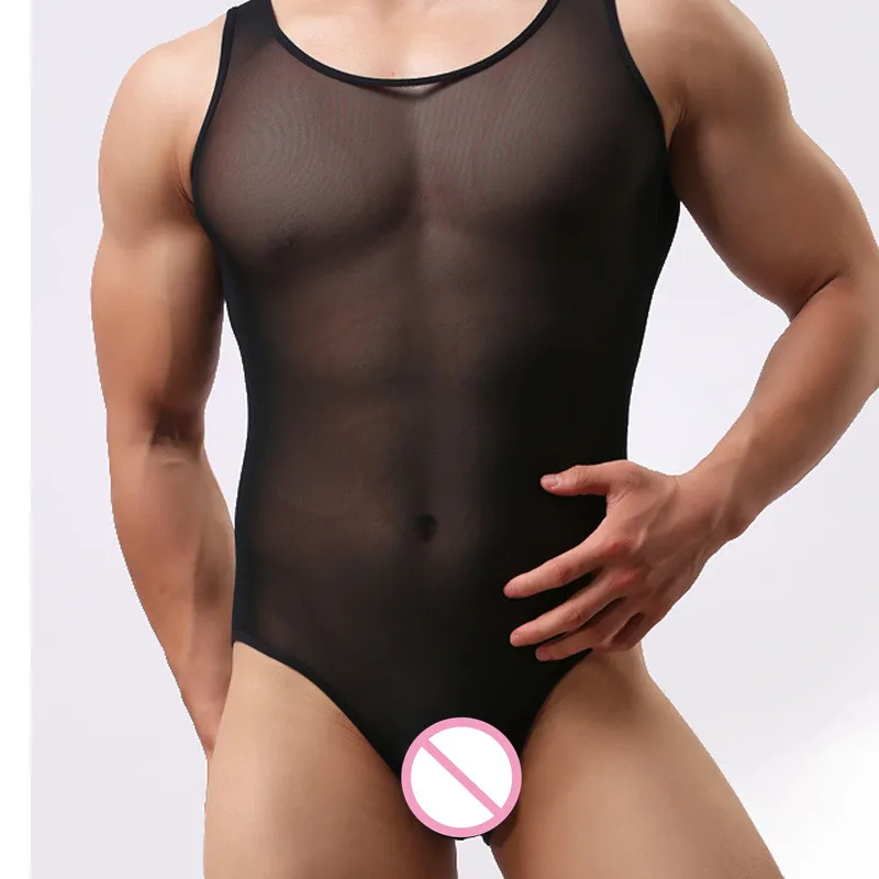 

New Men's mesh vest suit male sexy thin transparant conjoined body net hole tank underskirt bodysuit MXLT1