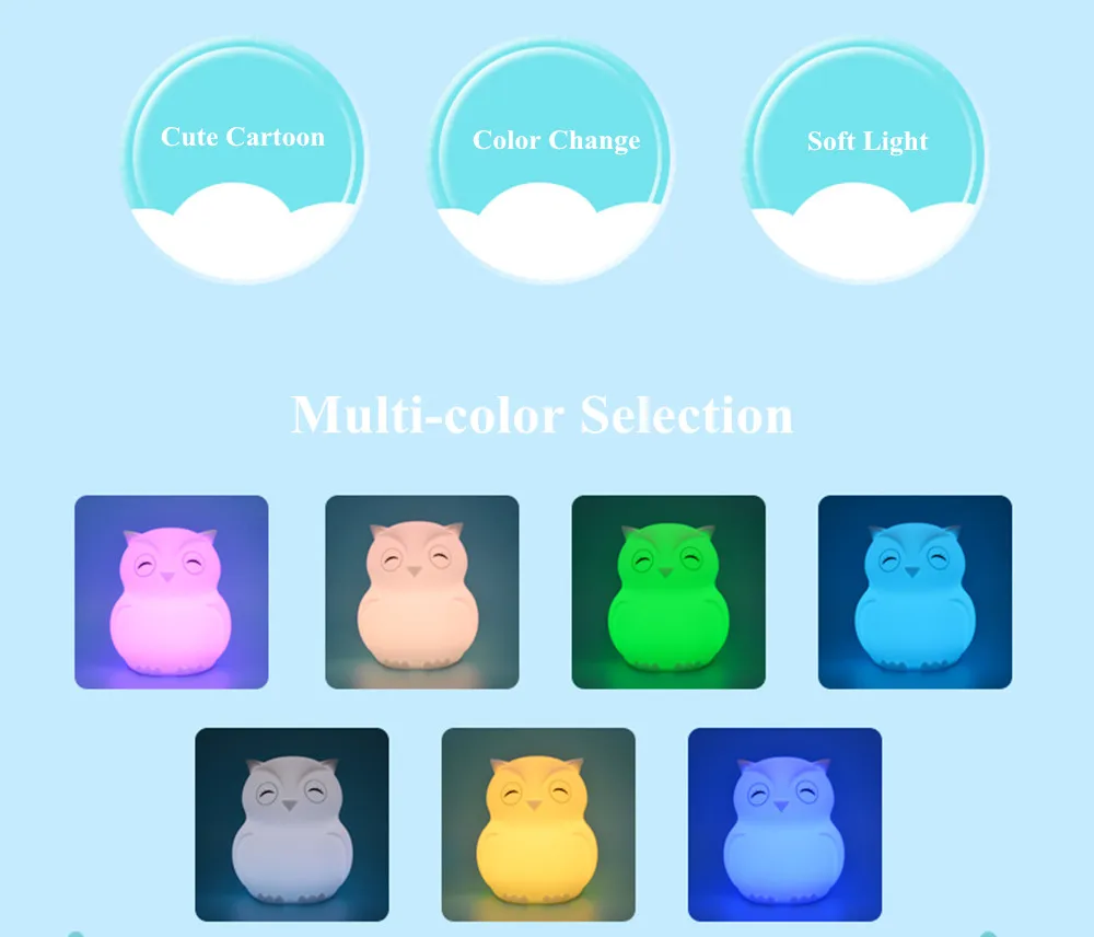 Cartoon Owl LED Night Light Remote Control Timer Touch Sensor 9 Colors USB Charging Silicone Bedside Lamp for Children Baby Gift (2)