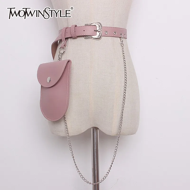 

TWOTWINSTYLE Pu Leather Belt With Bag Removable Chain Patchwork High Waist Belts Womens Summer Fashion Harajuku Cummerbunds
