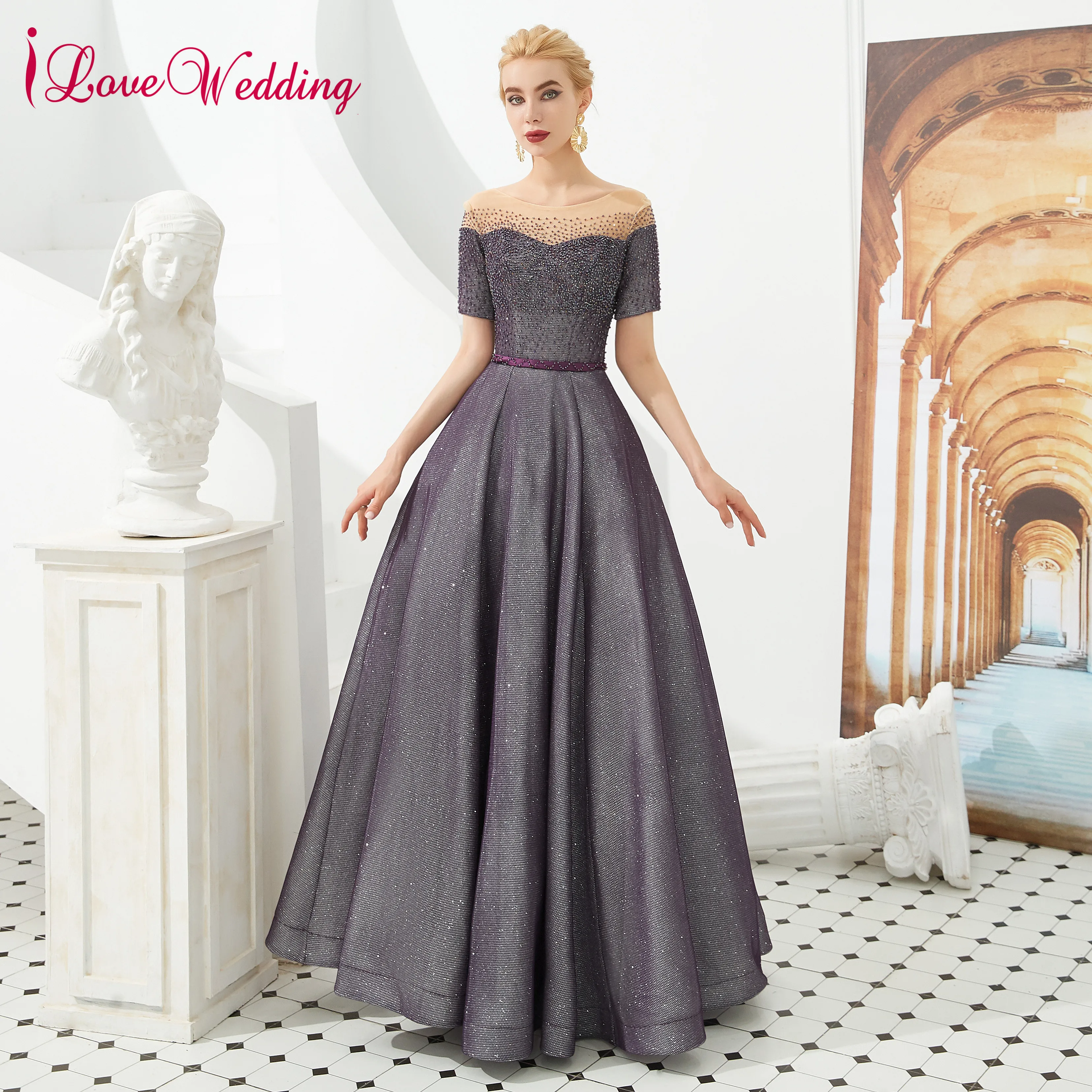 

New Fashion 2019 Illusion Crystal Beaded Formal Evening Gown Custom made Short Sleeves A Line Shiny Evening Dress Long