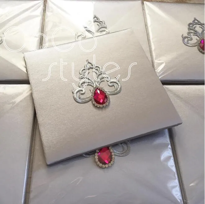  Cocostyles customized embroidery silk hardcover invitation card with crystal brooch for vintage wed - 32864884387