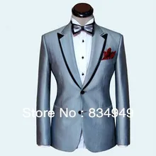 Изготовленный на заказ мужской костюм, серебряный мужской свадебный костюм, черный двойной воротник мужские смокинги(куртка+ брюки+ галстук+ почтовый квадрат