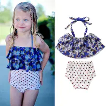 Купальный костюм из двух предметов для маленьких девочек; многослойные бикини с цветочным рисунком для маленьких девочек; купальники; пляжная одежда