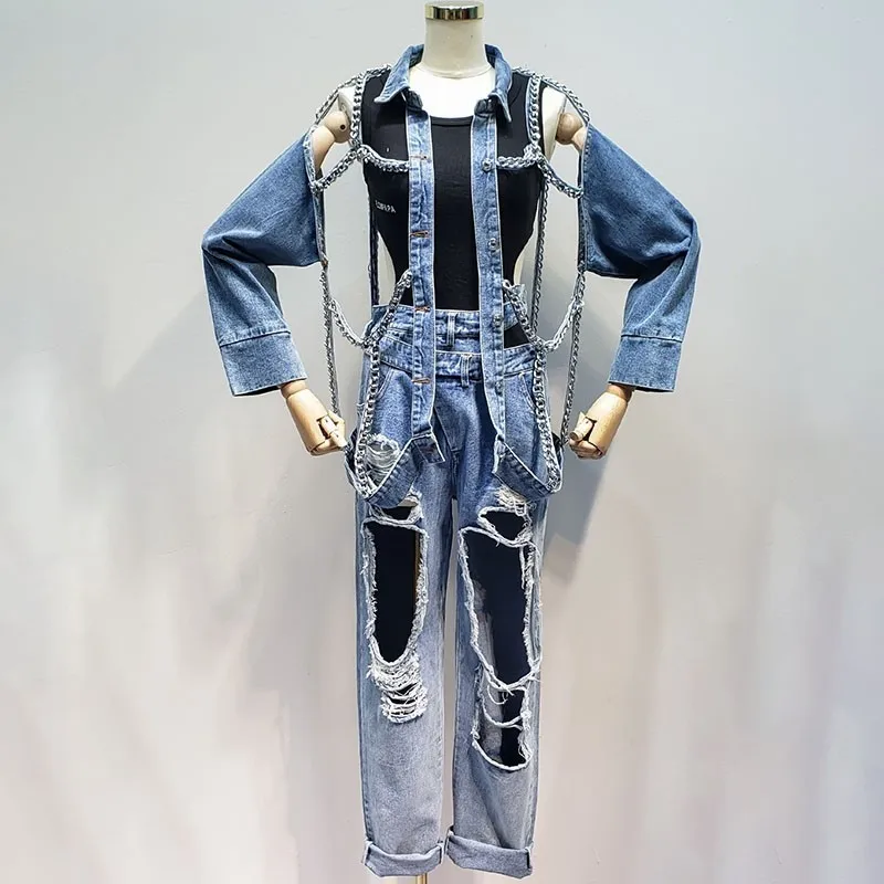 

[EWQ] 2019 spring summer new pattern asymmetrical patchwork lapel single breasted denim punk style coat women AG45805