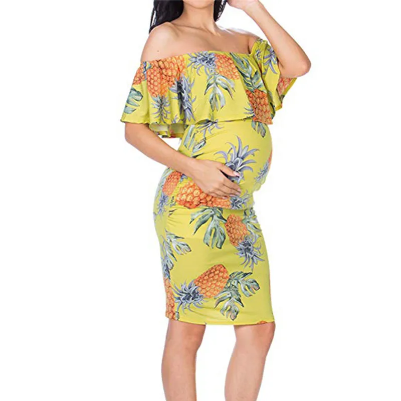 Maternity clothes summer 2019  new Women Maternity Summer Off Shoulder Pineapple Print Casual Pregnancy Dress (7)