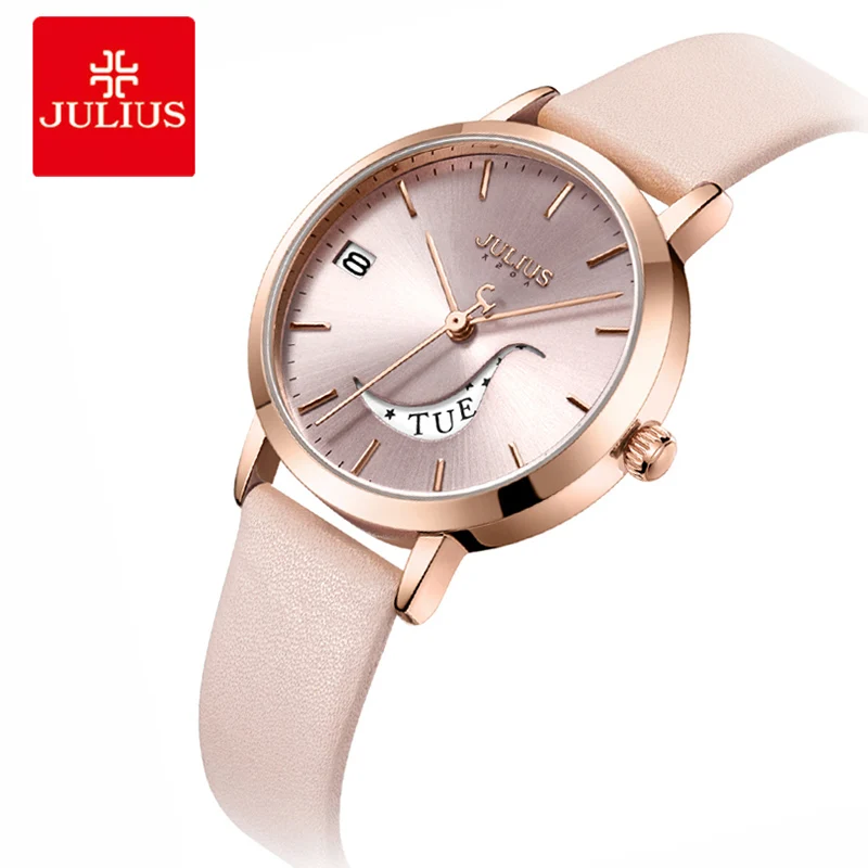 Beste Julius Horloges Vrouwen Quartz Armband Horloges Dames Lederen Jurk Horloges Auto Dag Datum Vrouwelijke Klok Relogio Feminino