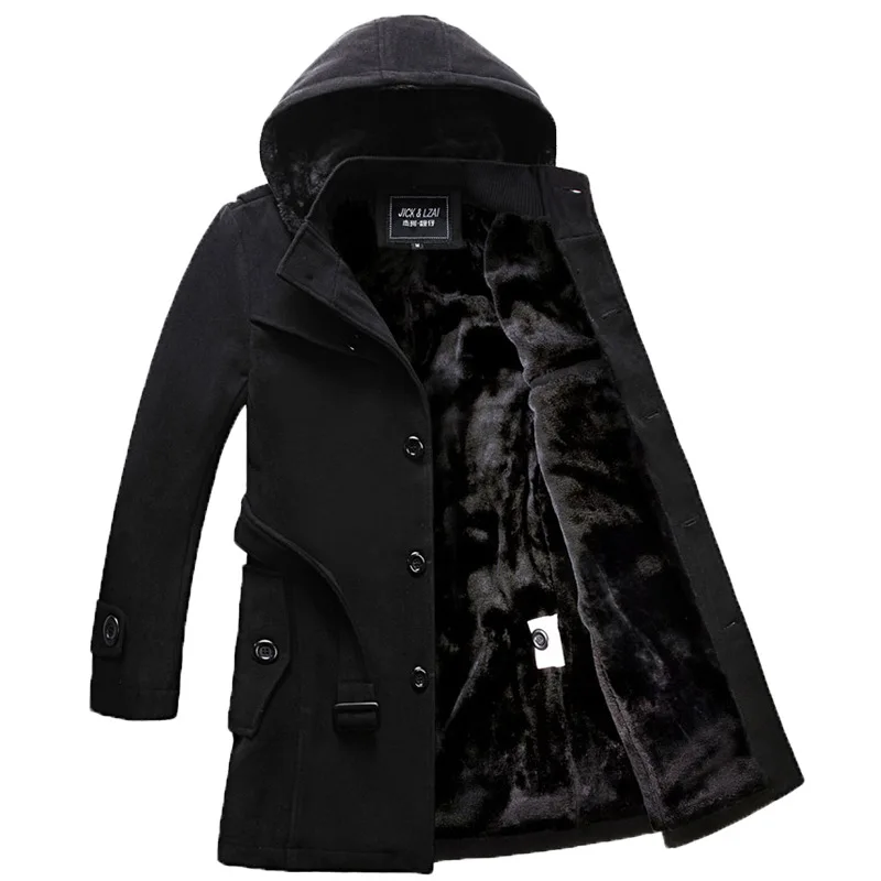 Winter Single Breasted Hooded Wool Coat Thicken Velvet Warm Long ...