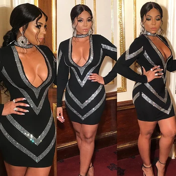 

Full Sleeve Sequin Rhinestone Club Women Sexy Dresses Halter V Neck Women Dress